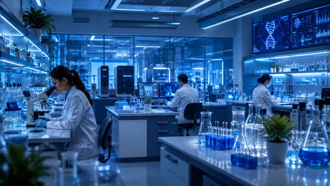 Scientists working in a modern biotechnology research laboratory